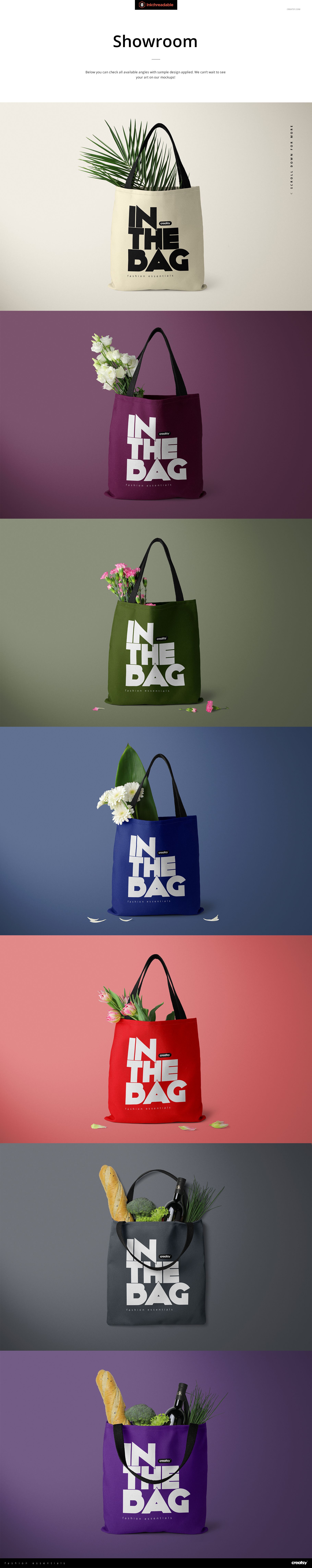 Set of polyester tote bag mockups in different colors, shown from the front with flowers and bread as props.