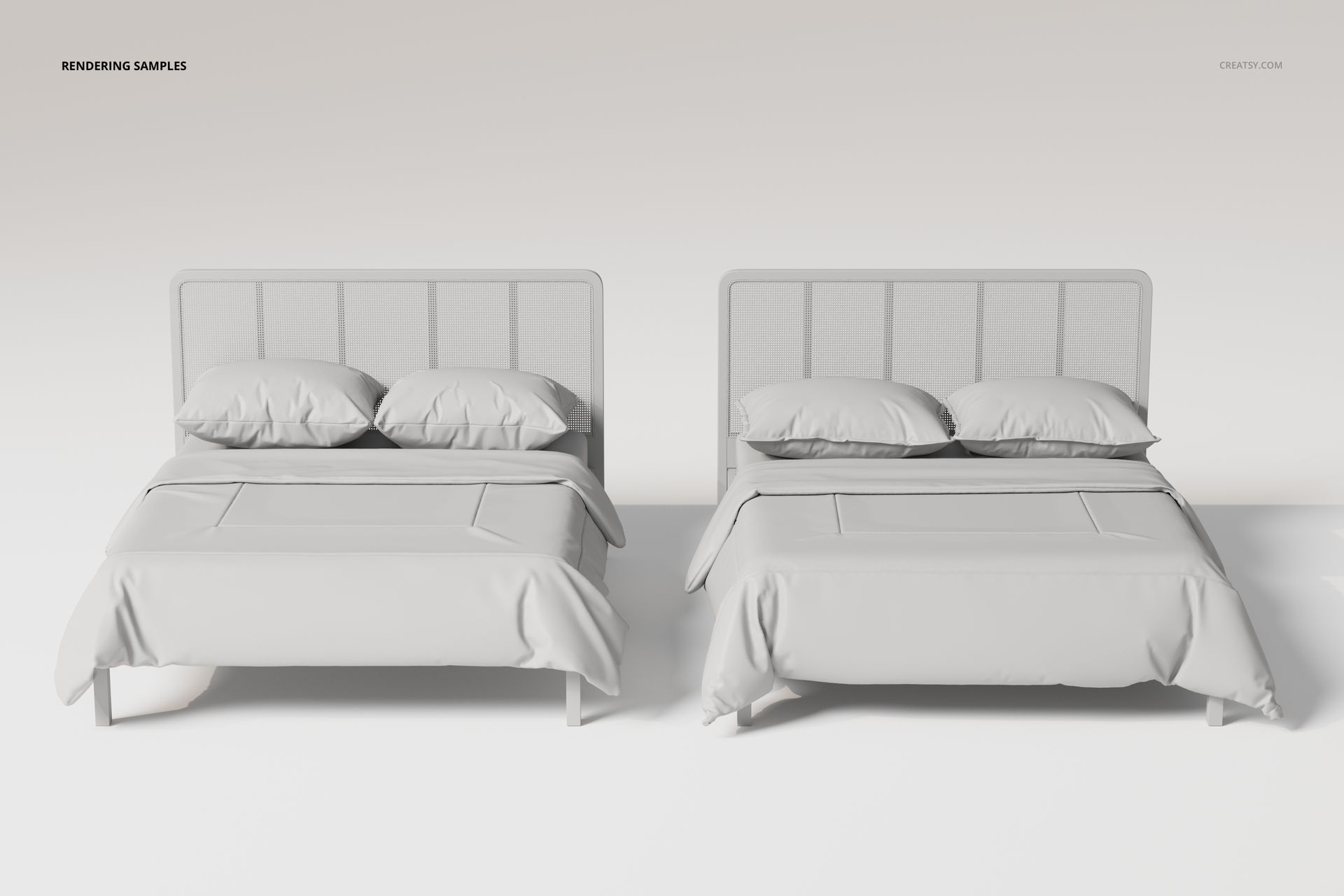 Front view of two rattan headboard beds with different bedding sets in a minimal white room, both neatly made.