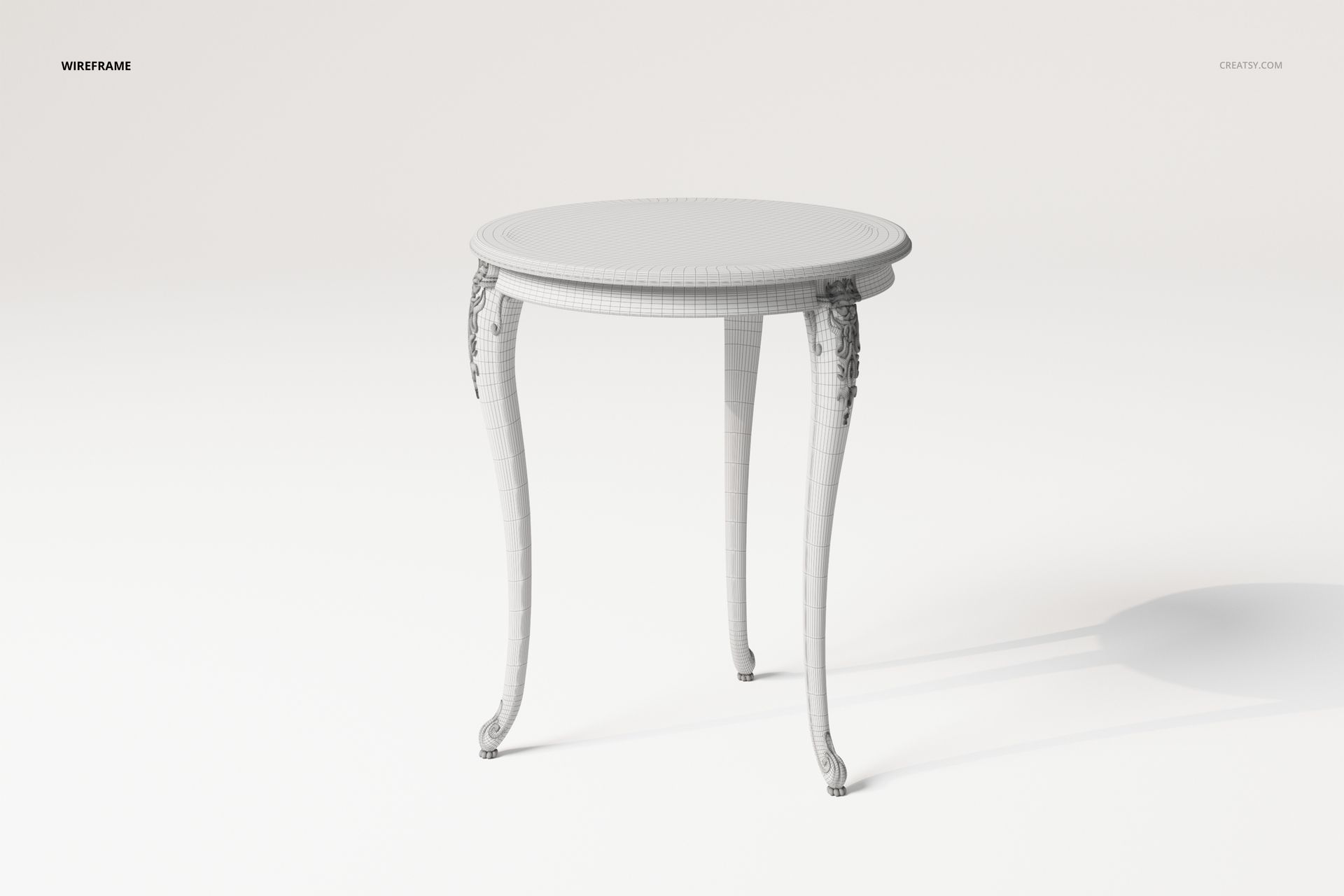 Round carved vintage side table with ornate legs, shown in white wireframe on a plain light background, front angle.