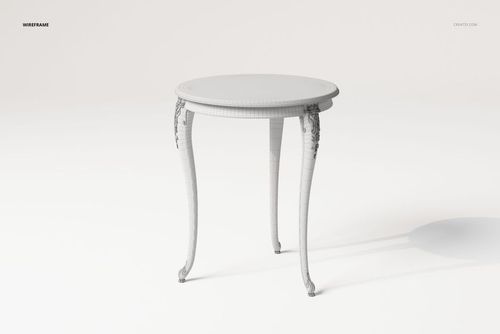Round carved vintage side table with ornate legs, shown in white wireframe on a plain light background, front angle.