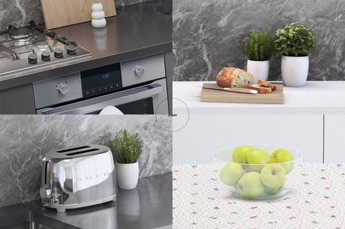 Kitchen scene tablecloth mockup featuring a modern countertop, toaster, green apples in a glass bowl, and potted herbs.