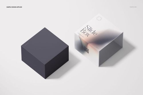 Slide gift box mockup set featuring two rectangular boxes, one plain dark and one with a gradient pattern and visible branding.