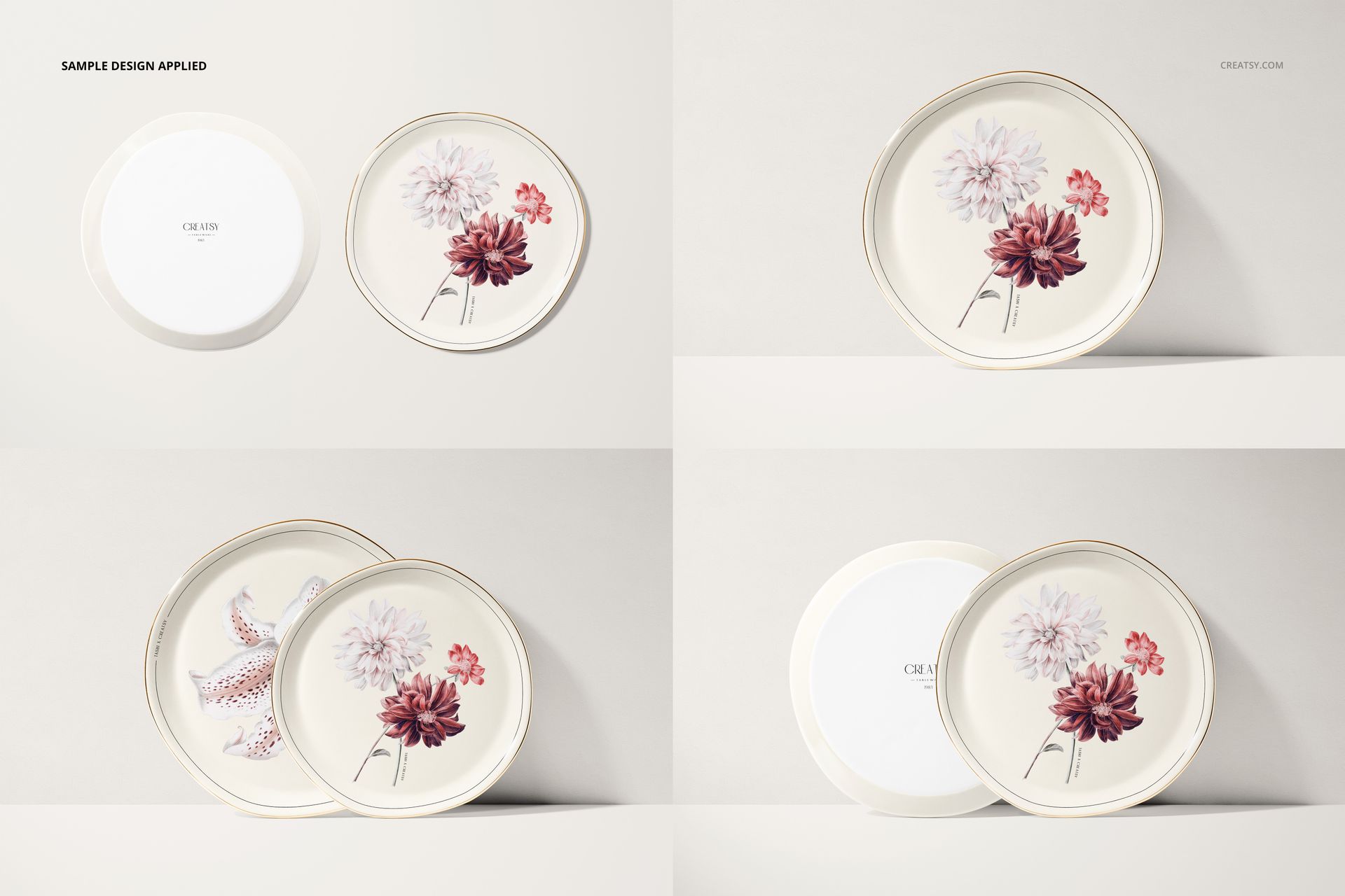 PSD mockup featuring decorative plates with pink and purple flower patterns, displayed in multiple perspectives.