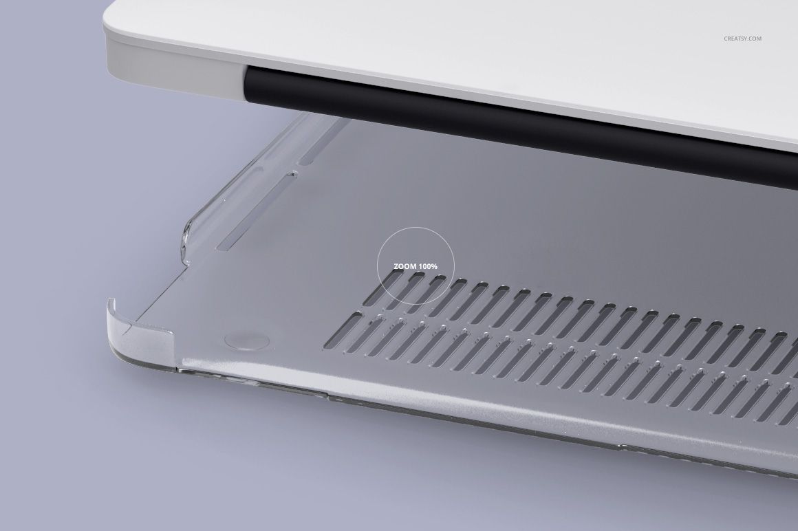 Close-up view of a clear plastic MacBook case mockup showing the bottom cover with vent slots on a neutral background.
