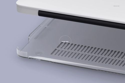 Close-up view of a clear plastic MacBook case mockup showing the bottom cover with vent slots on a neutral background.