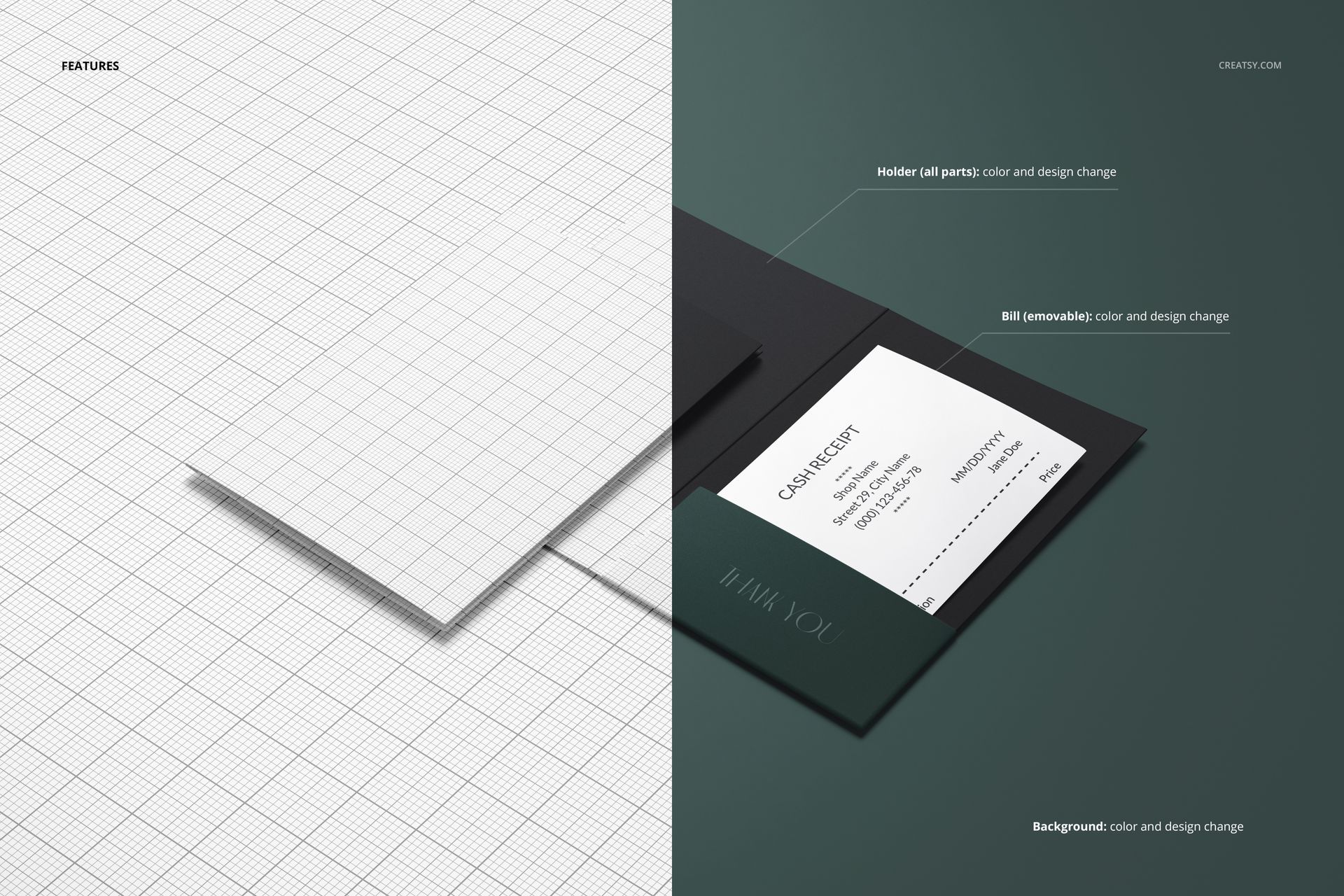 Receipt holder mockup featuring a black folder with a white receipt insert, shown in a top view on a green surface.