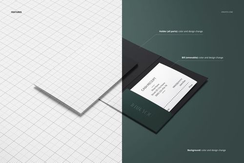 Receipt holder mockup featuring a black folder with a white receipt insert, shown in a top view on a green surface.