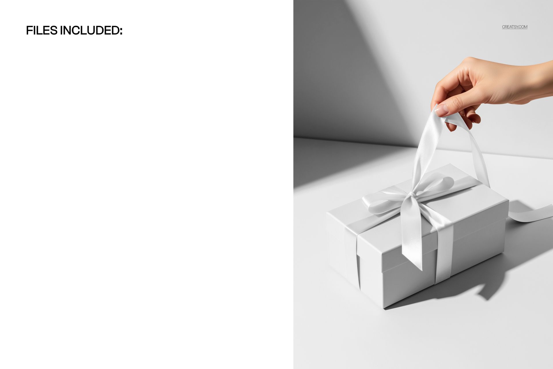 Luxury gift box mockup featuring a white box with a satin bow, viewed from above with a hand adjusting the ribbon.