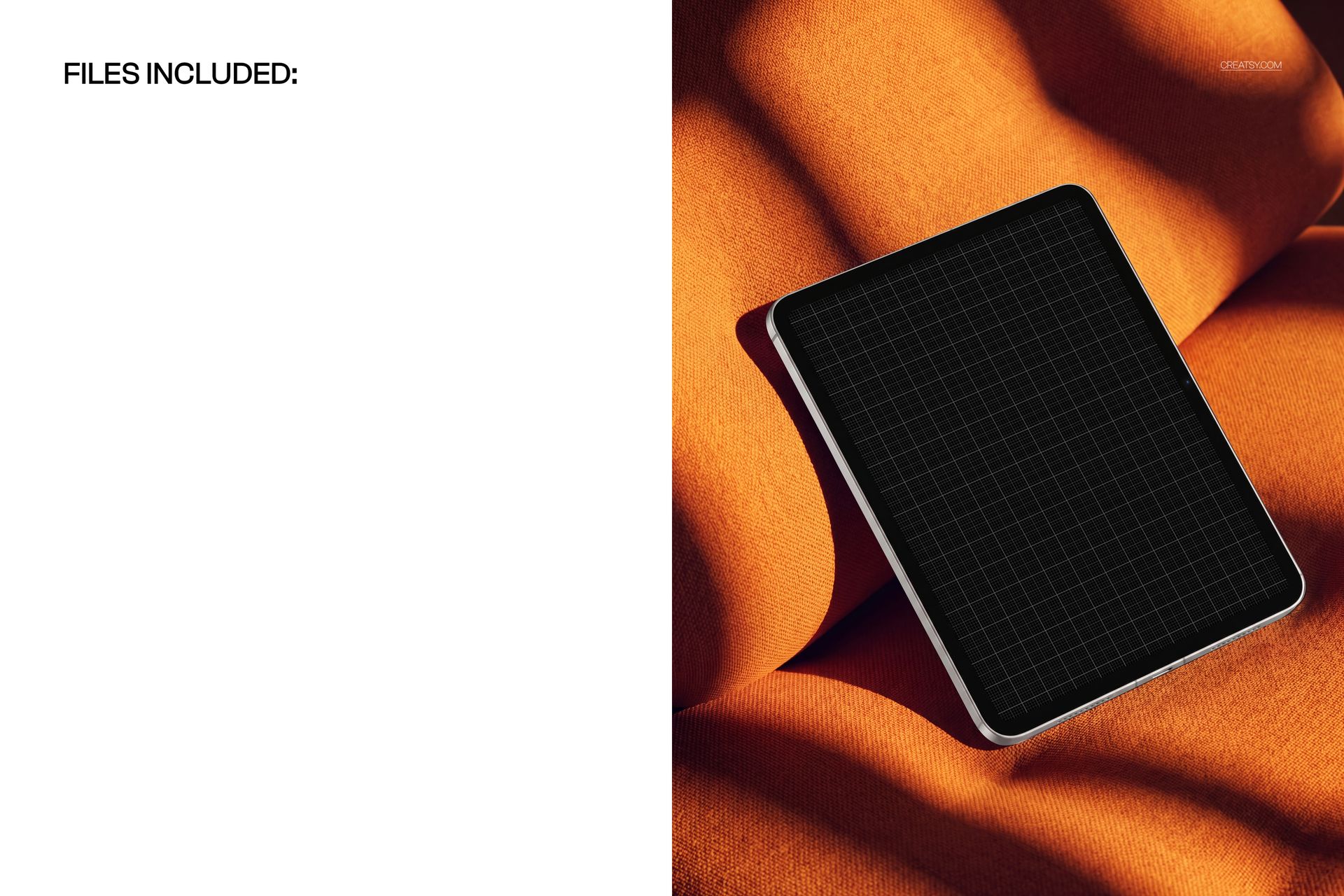 iPad Pro with blank screen resting on orange fabric sofa, shown from a top view in a PSD mockup scene.