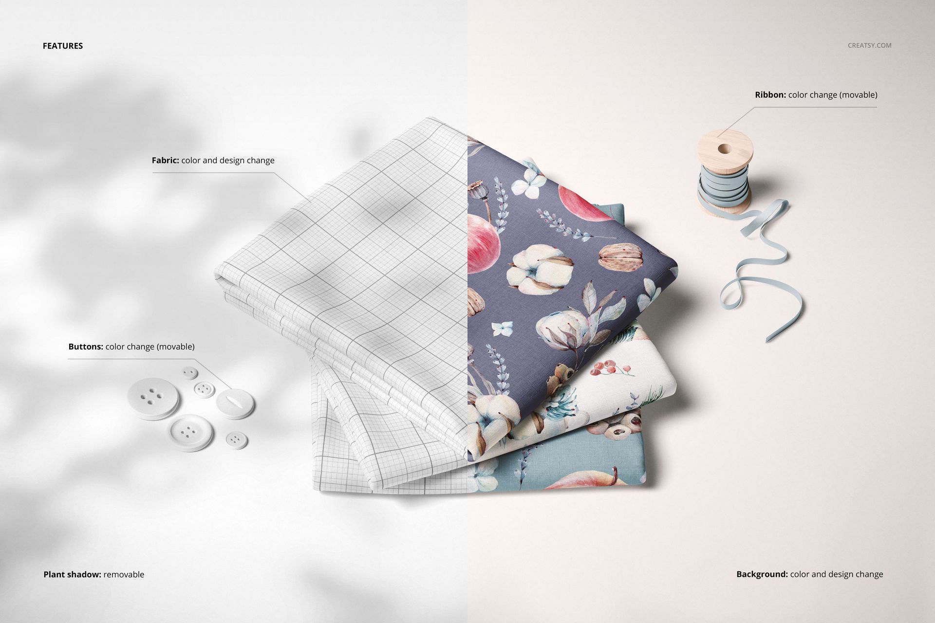 Fabric mockup set with folded cotton and jersey textiles, grid and flower prints, and removable buttons and ribbon nearby.