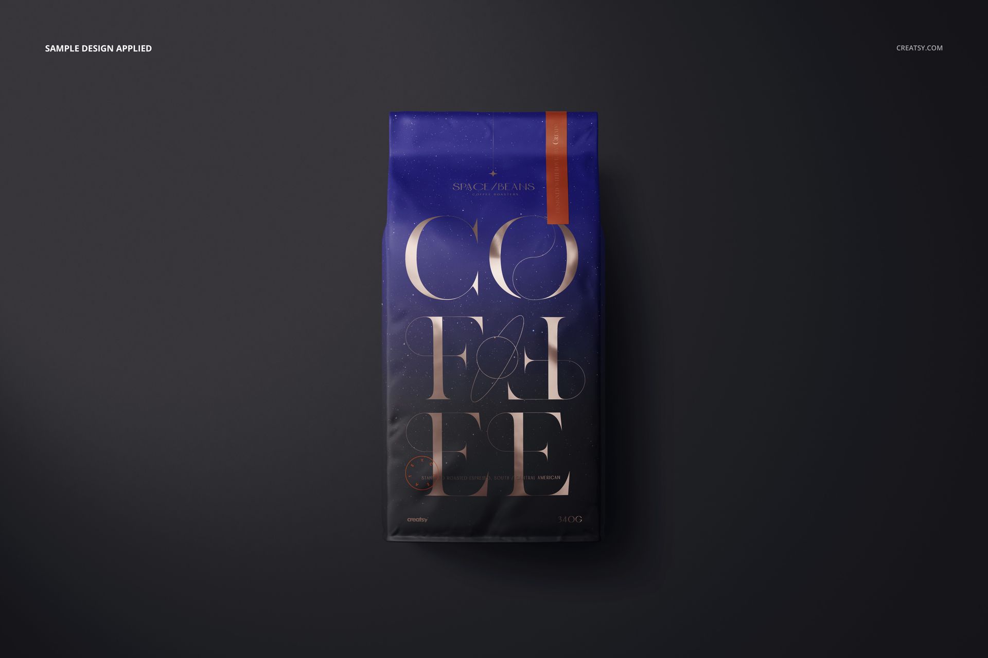 Front view of a matte finish coffee bag mockup featuring large stylized text and a blue and orange color scheme.