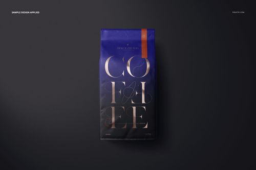 Front view of a matte finish coffee bag mockup featuring large stylized text and a blue and orange color scheme.