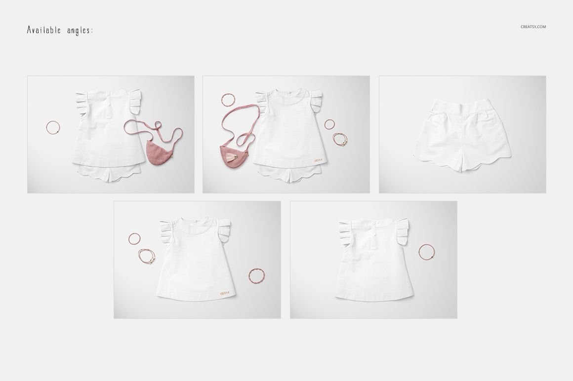 Baby blouse and shorts mockup set displayed from multiple angles, featuring white clothing and pink accessories on a light background.