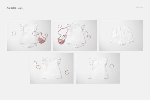 Baby blouse and shorts mockup set displayed from multiple angles, featuring white clothing and pink accessories on a light background.