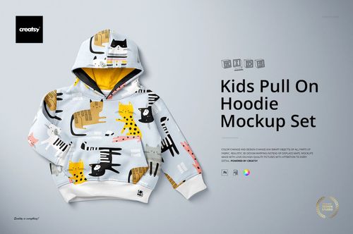 PSD mockup of a children's hoodie with cartoon cat designs, presented flat with visible hood and cuffs against a neutral background.