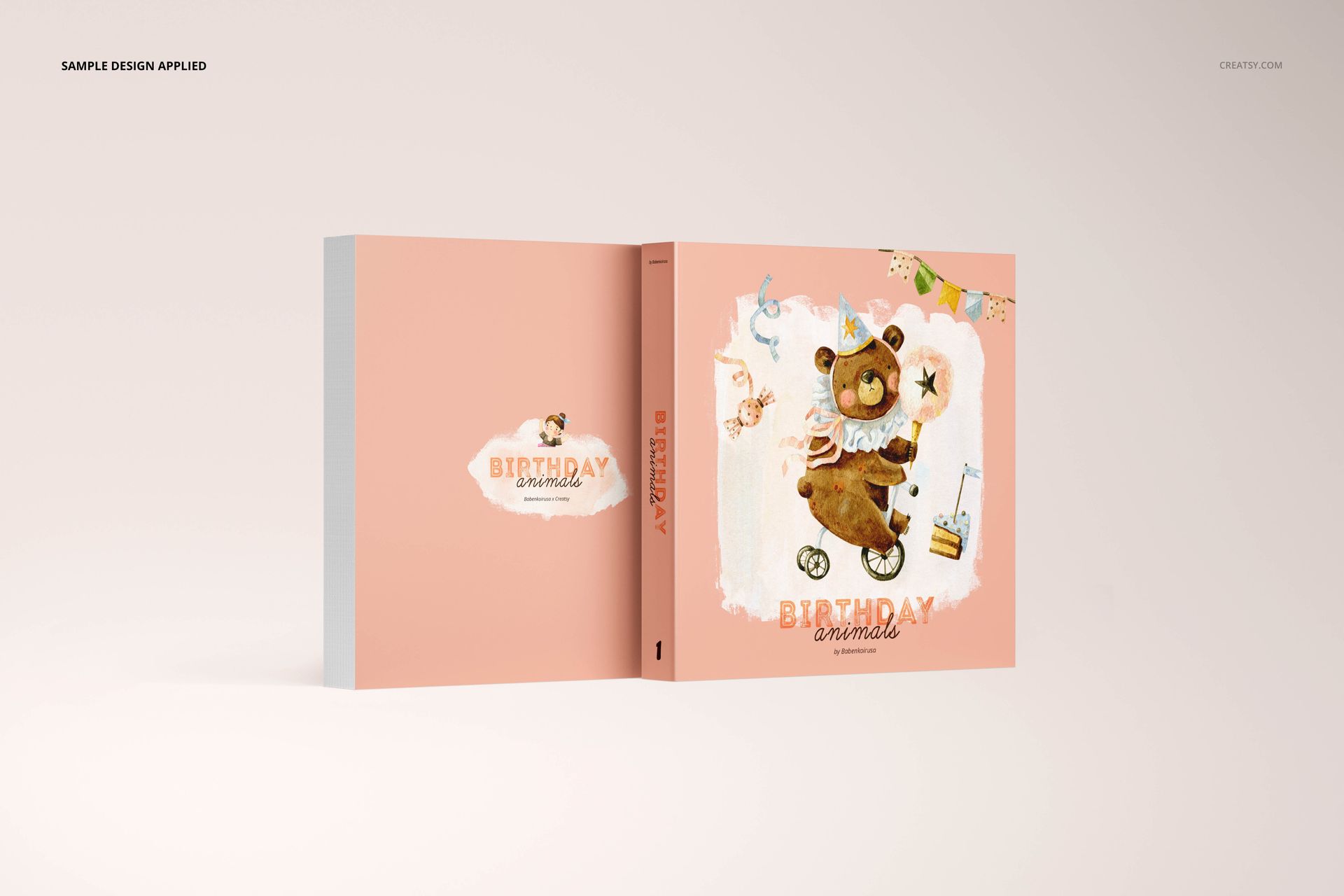 Board book mockup featuring a square-shaped book with a pastel pink cover and illustrated bear design, front and spine visible.