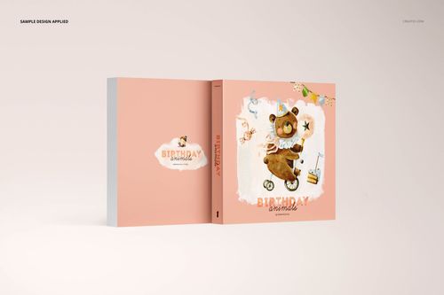Board book mockup featuring a square-shaped book with a pastel pink cover and illustrated bear design, front and spine visible.
