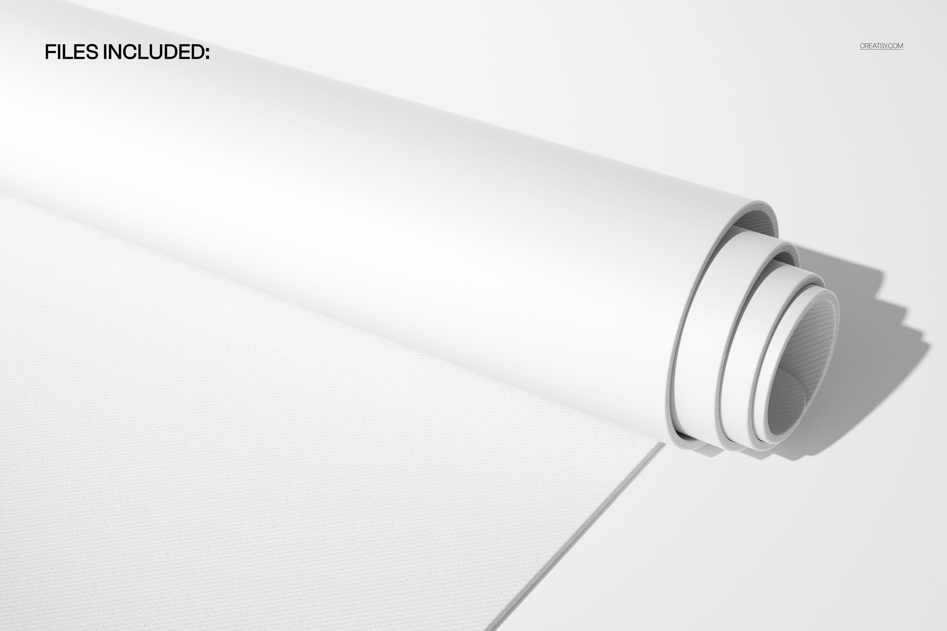 Close-up of a rolled white PU oval yoga mat mockup on a light background, showing texture and layers.
