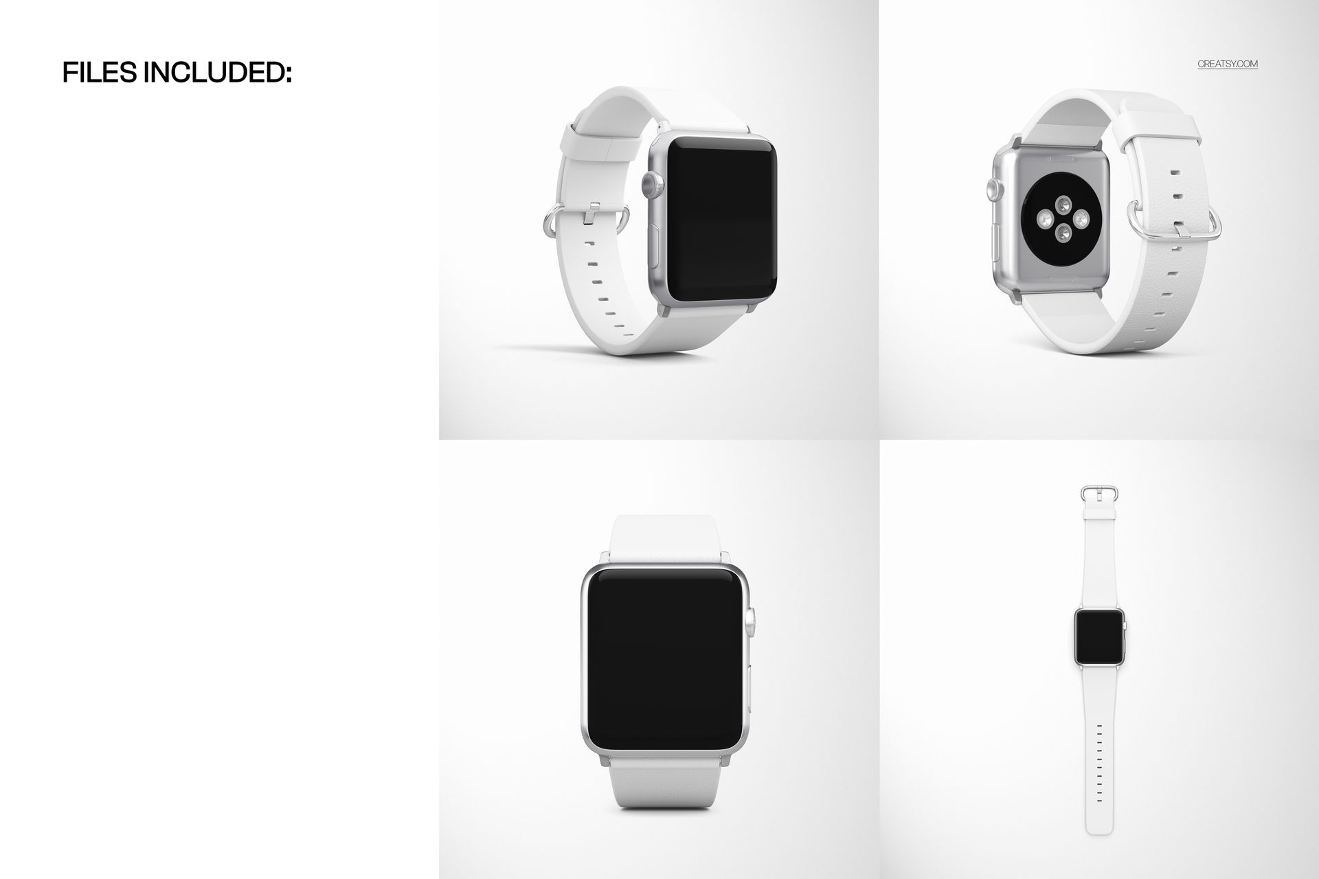 Apple Watch with white leather band shown in four mockup views on a plain background, including front and back perspectives.