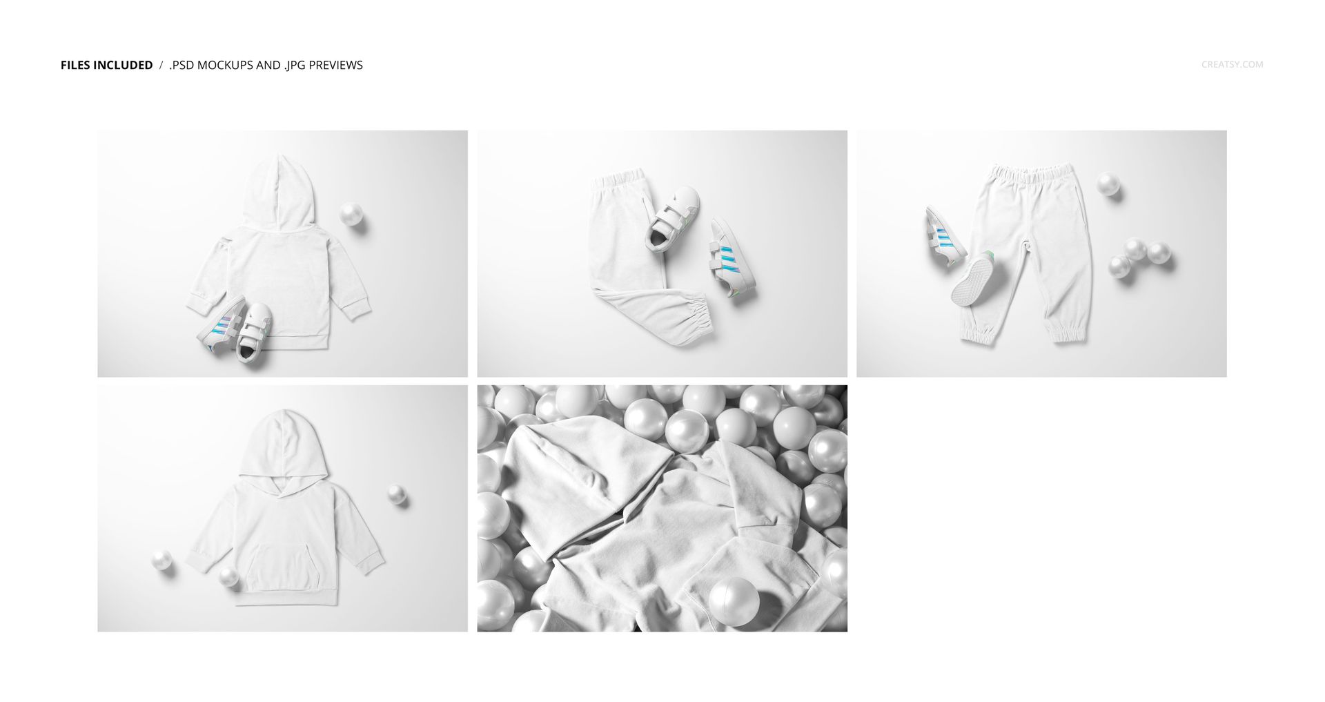 Baby tracksuit mockup set featuring sweatshirt and pants in white, shown with sneakers and plastic balls on a white background.
