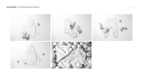 Baby tracksuit mockup set featuring sweatshirt and pants in white, shown with sneakers and plastic balls on a white background.
