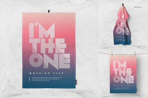 Kitchen towels mockup showing three towels with a pink to blue gradient design and bold white text, displayed hanging.