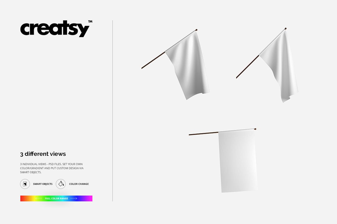 White house flag PSD mockup set featuring flags in multiple views with simple wooden poles and a light background.