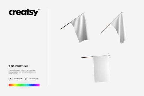 White house flag PSD mockup set featuring flags in multiple views with simple wooden poles and a light background.