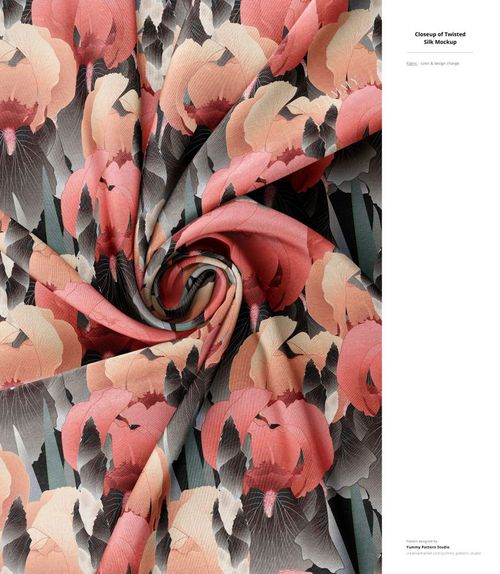 Front perspective of a fabric mockup with swirling folds and a bold floral print in pink, coral, and gray colors.