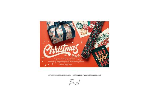 Christmas-themed mockup set featuring a wrapped gift box, patterned wrapping paper rolls, and festive cards on a red background.