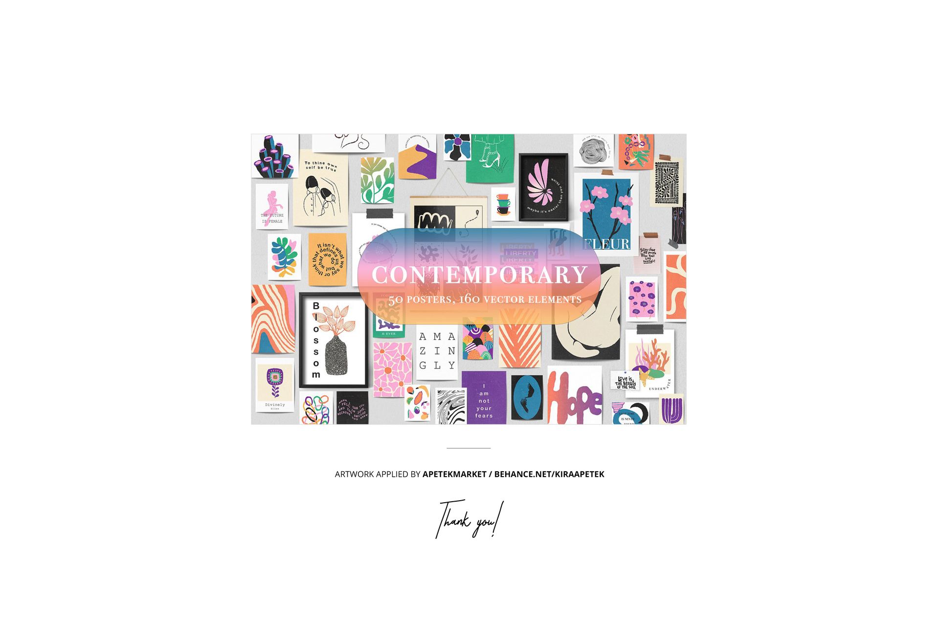 Front view of assorted picture frames displaying colorful artwork and graphic prints in a classic painted mockup set.