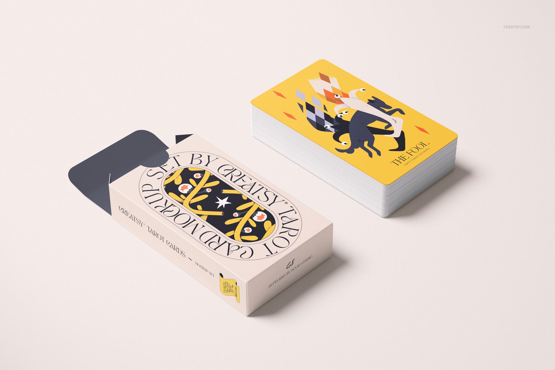 Tarot cards mockup with a deck featuring a yellow and black design, box partially open, shown from a front angle.