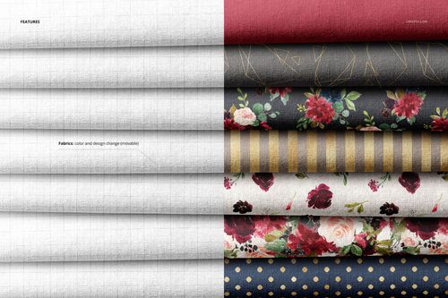 Top view of a fabric stack mockup showing multiple layers with solid, floral, striped, and dotted designs.