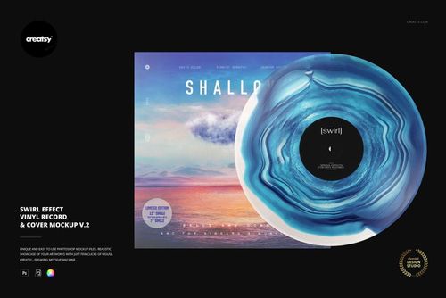 Swirl pattern vinyl record and album cover mockup displayed side by side with realistic lighting and reflections.