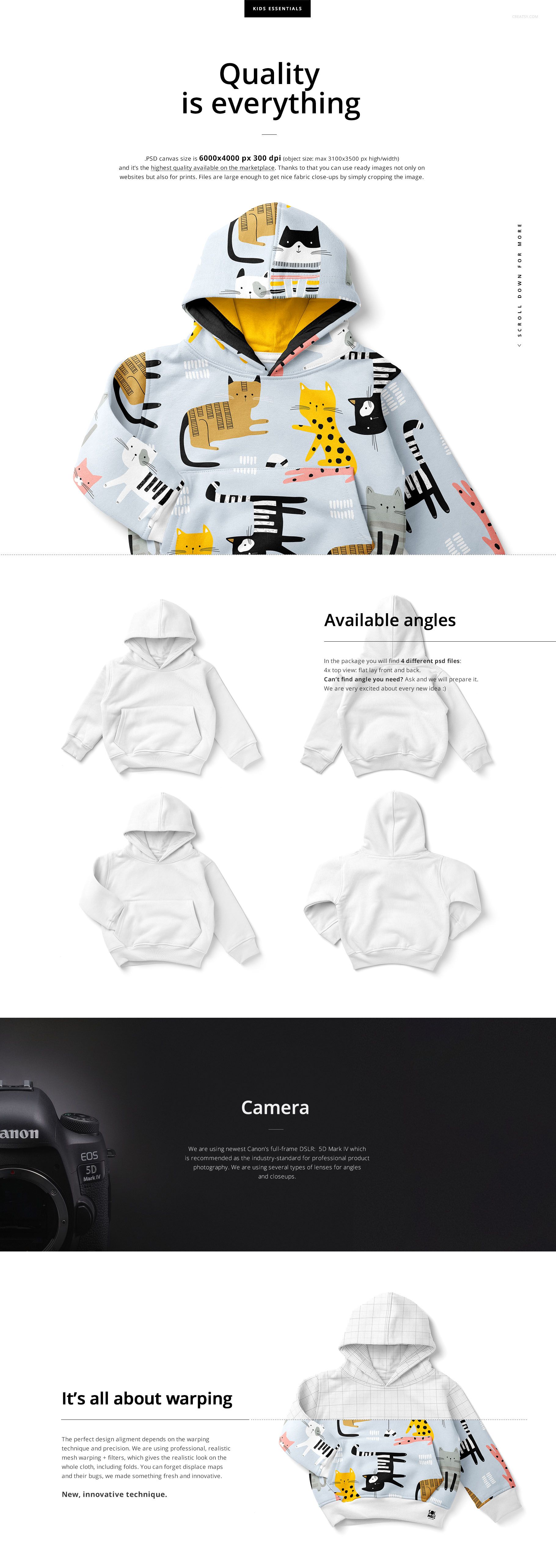 Kids pull on hoodie mockup with abstract animal and geometric print, shown in front view with hood up on a yellow mannequin.
