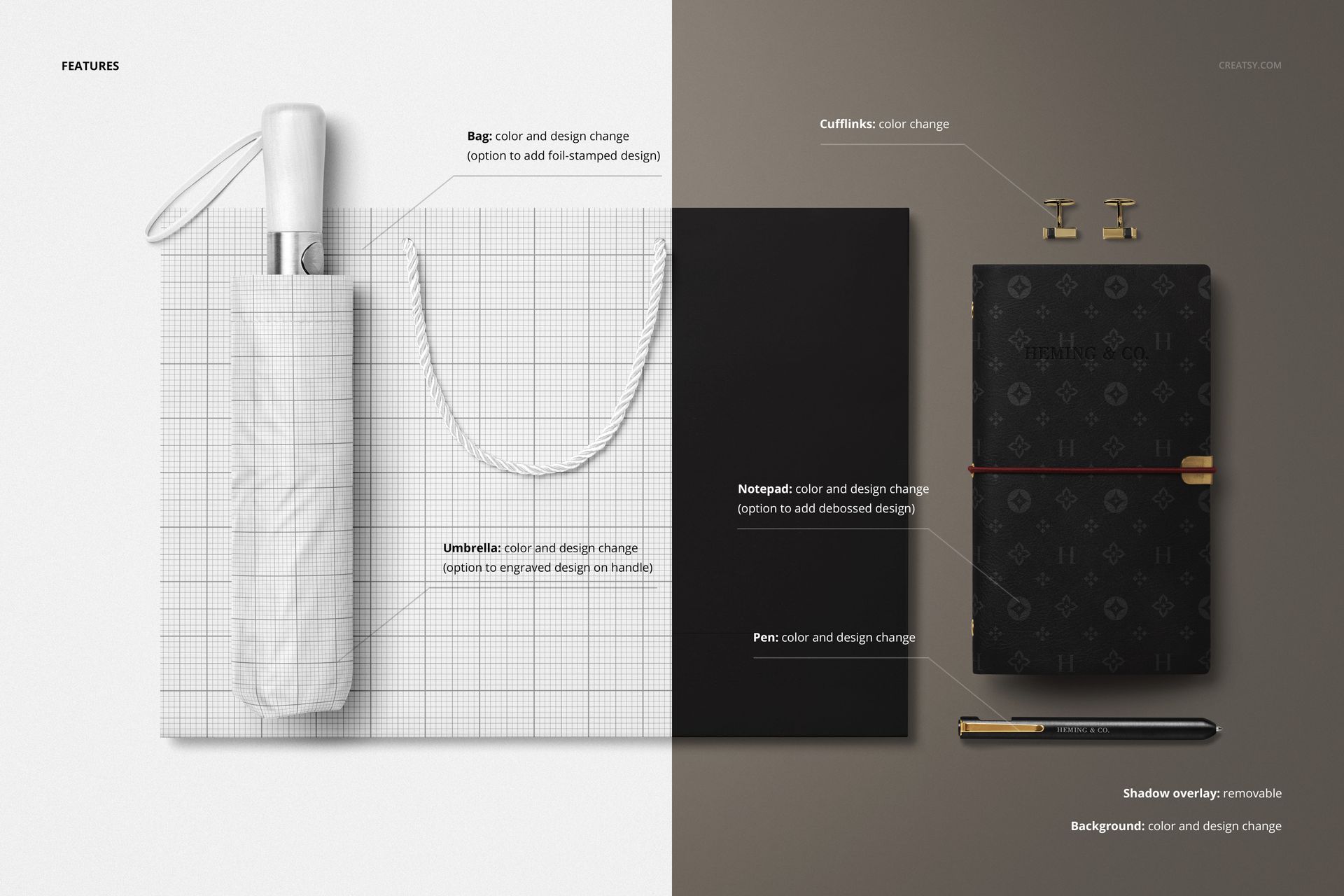 Men’s umbrella, shopping bag, notebook, pen, and cufflinks mockup displayed on a split light and dark background, top view.
