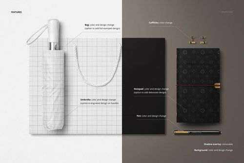 Men’s umbrella, shopping bag, notebook, pen, and cufflinks mockup displayed on a split light and dark background, top view.