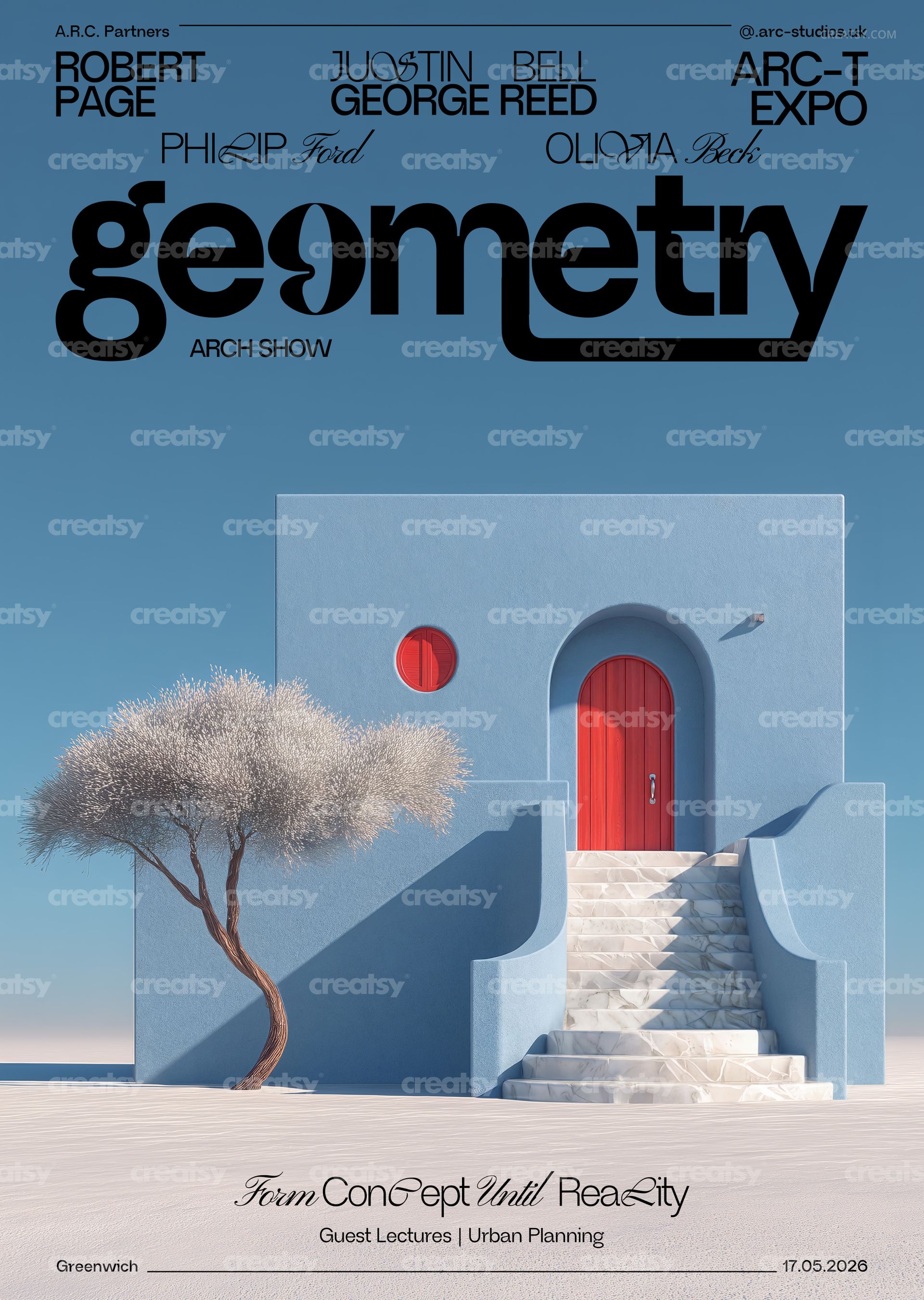PSD mockup of a poster showing a minimalist blue structure, red door, white staircase, and lone tree in a clear scene.