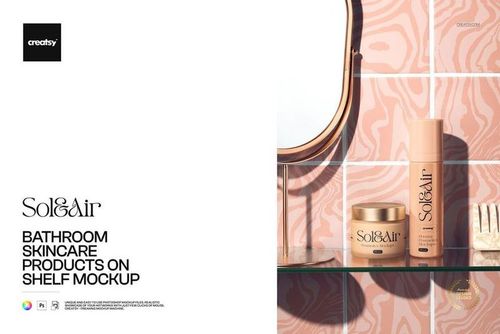 Skincare bottle and cream jar displayed on a glass shelf beside a mirror in a modern bathroom mockup scene.