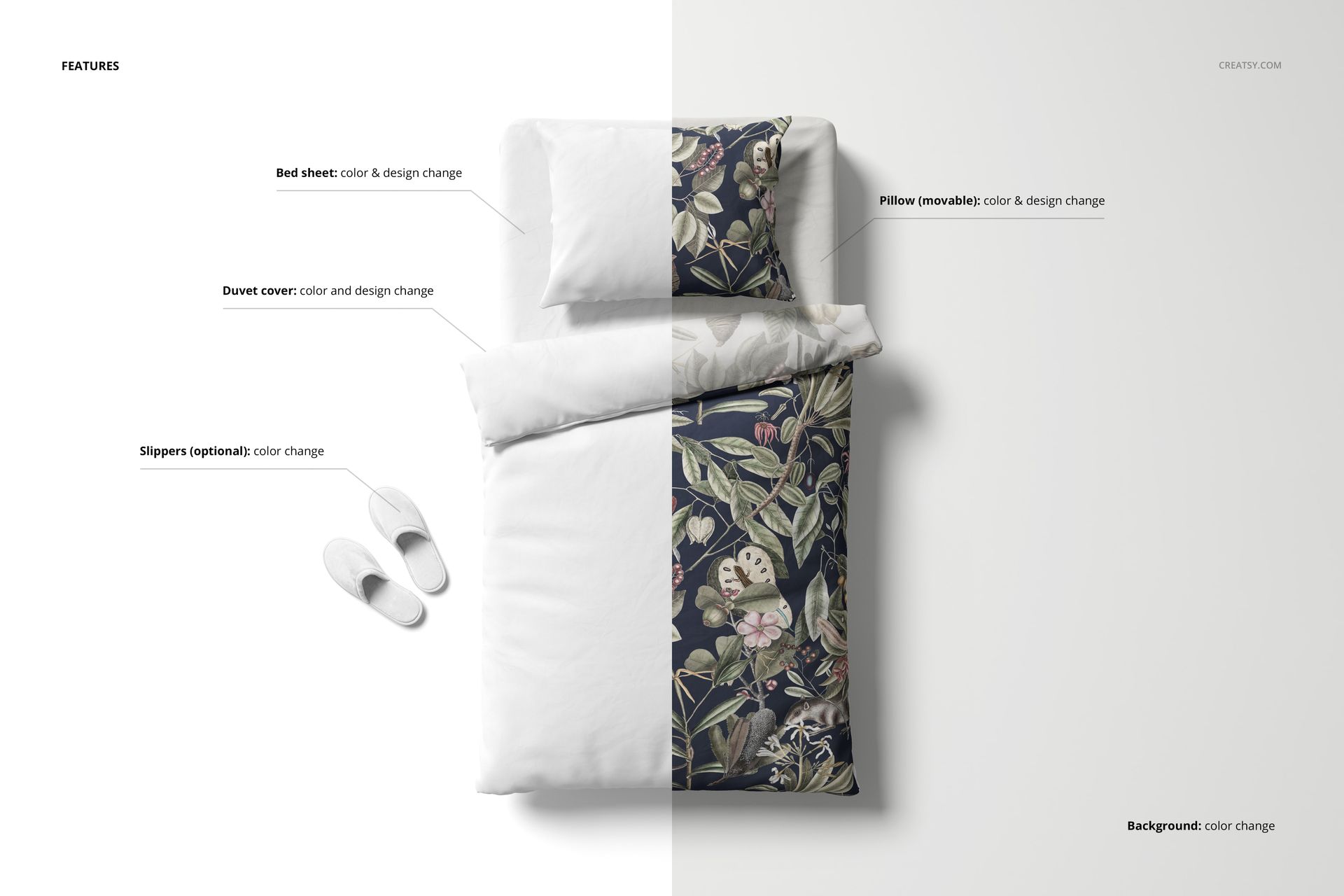 Austrian size bedding set mockup showing a duvet, pillow, and slippers on a split white and botanical background.