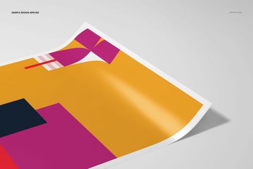 A3 fine art print mockup featuring a semi-gloss paper with colorful geometric design, angled top view.