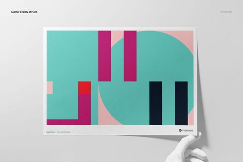 A3 fine art print mockup featuring geometric abstract shapes in teal, pink, and navy, held by a gloved hand.