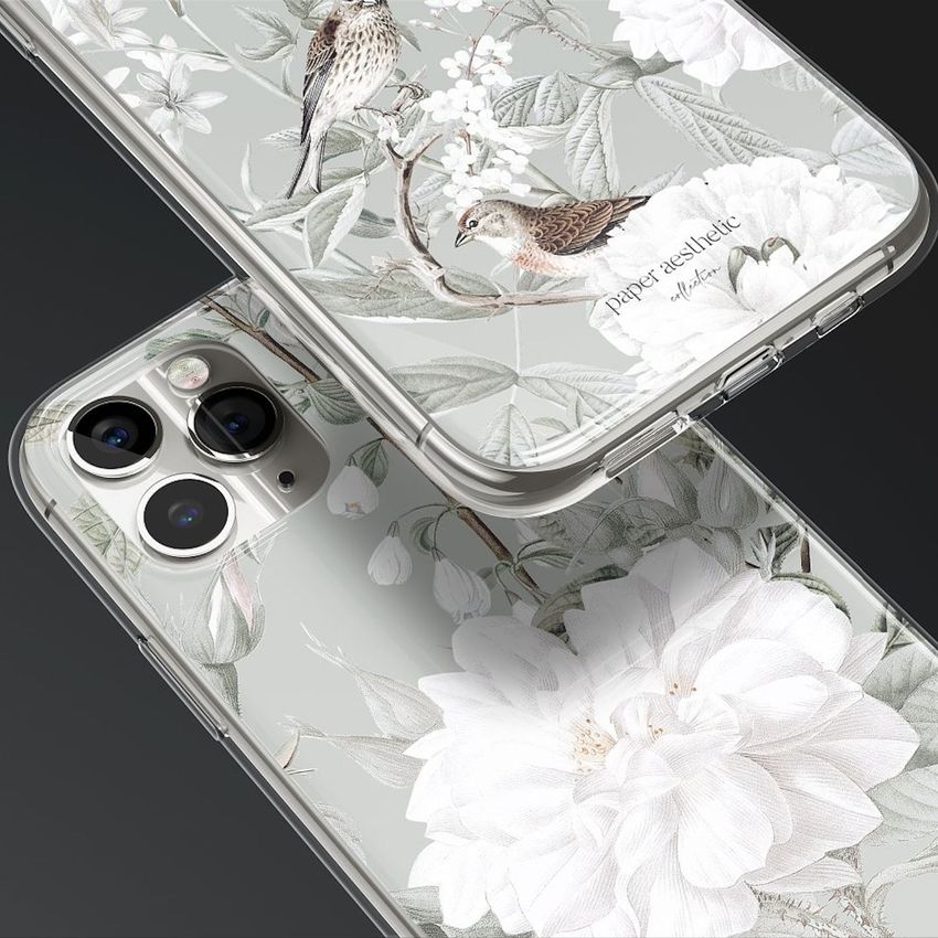 iPhone 11 Pro clear case mockup featuring a floral and bird illustration on a light background, shown from an angled view.