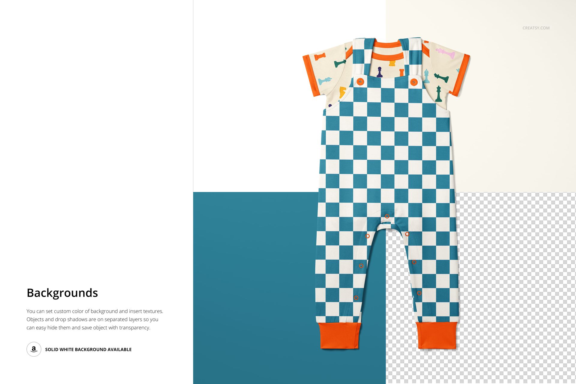 Front view of a baby bodysuit and overalls mockup with blue and white checkered pattern, orange accents, and playful graphics.