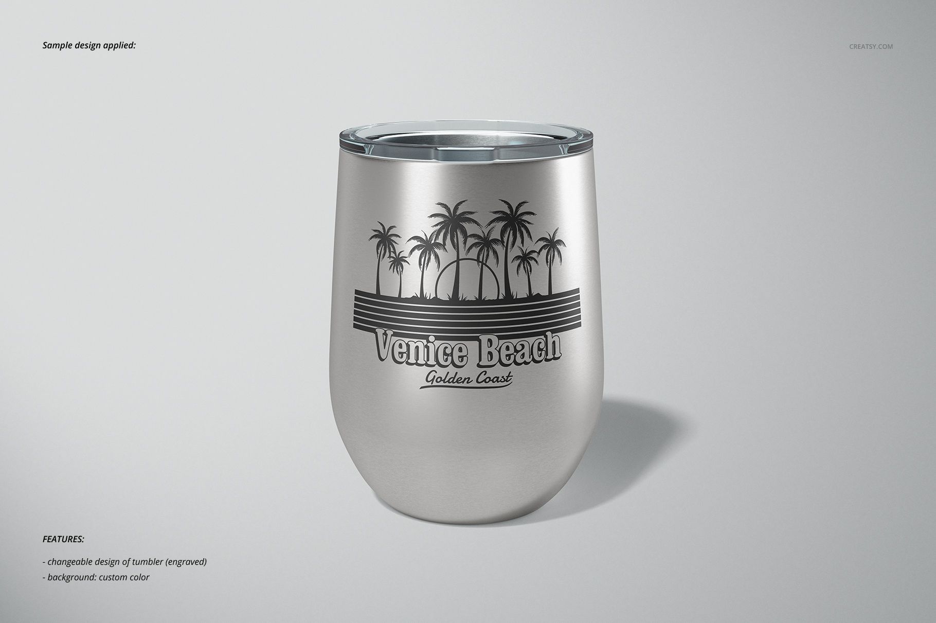 Front view of a 12 oz stemless wine cup mockup with a metallic finish and palm tree graphic on a light background.
