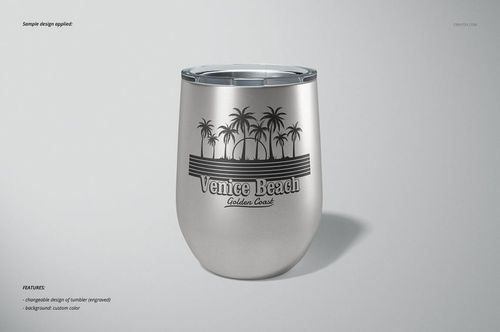Front view of a 12 oz stemless wine cup mockup with a metallic finish and palm tree graphic on a light background.