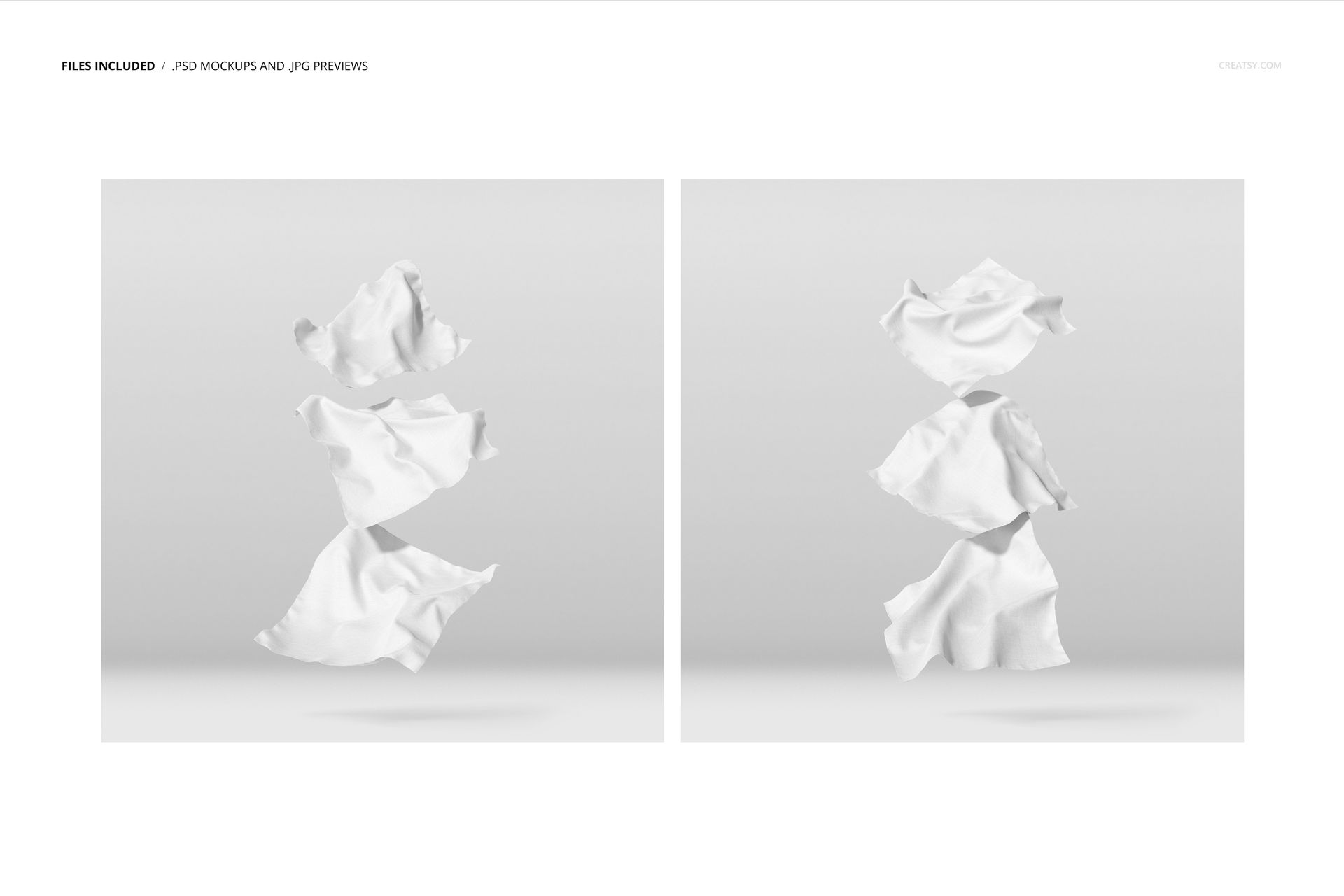 Front view of floating white fabric pieces arranged vertically against a light gray background in a textile mockup.