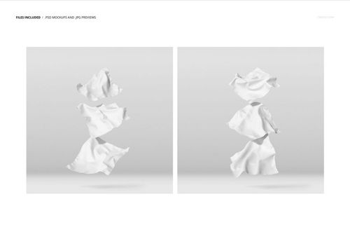 Front view of floating white fabric pieces arranged vertically against a light gray background in a textile mockup.