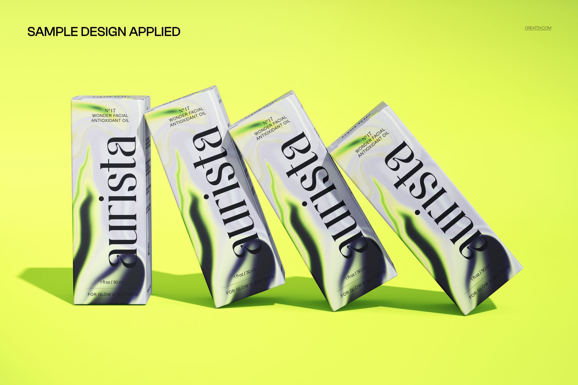 Front view of four serum packaging boxes displayed in a diagonal line, featuring a modern mockup design on yellow.