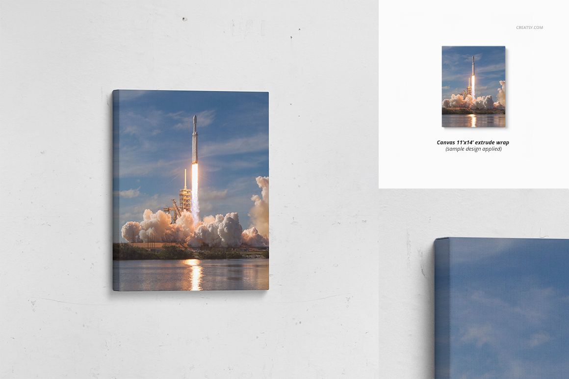 Canvas print mockup showing a vivid rocket launch over water, placed against a textured white wall surface.
